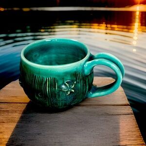 Studio Pottery Teal Green Stoneware Textured Coffee/Tea Mug Cup Unique Signed